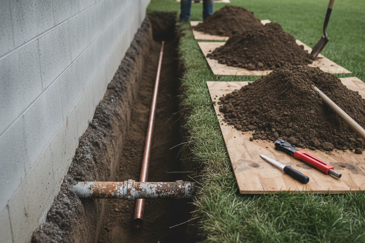 Excavated water line trench during Sewer Line Repair in Watkinsville